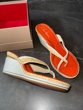 Cole Haan Cream Wedge Thong Sandals with Orange Insole